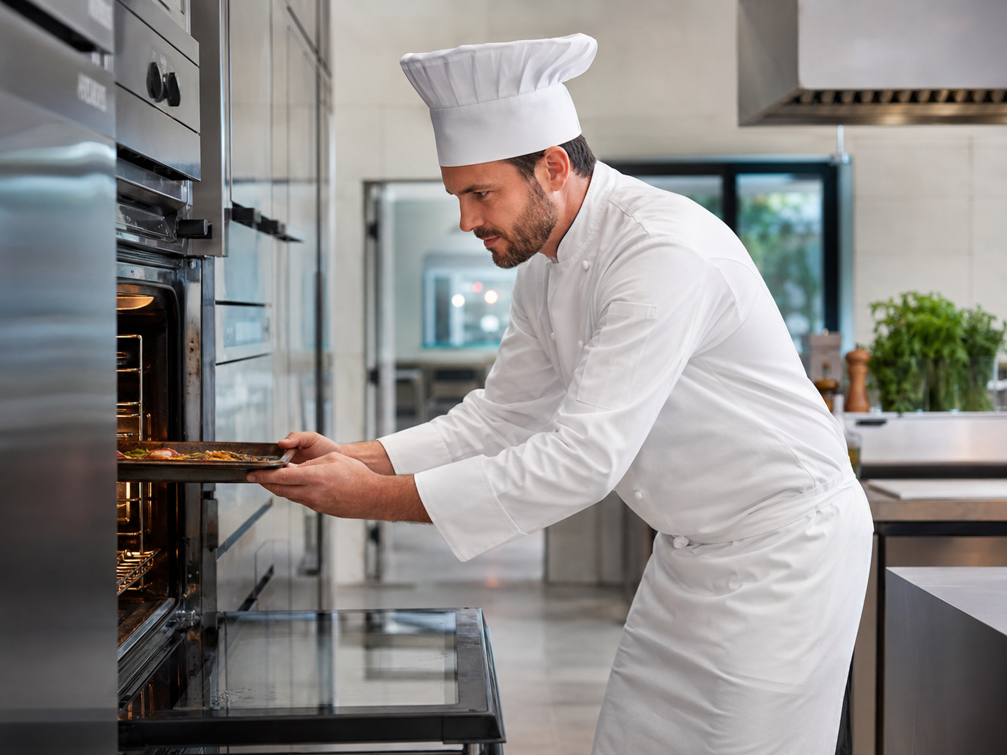 chef pulling sheet pan from oven